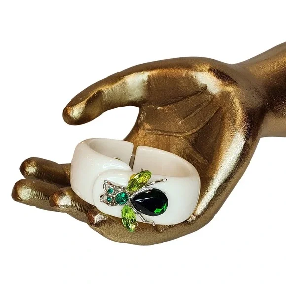 Vintage Style Beetle Chunky Cuff Bracelet Embellished Crystal Emerald Green - Picture 5 of 9